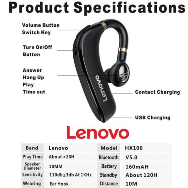 Bluetooth Headphones - Wireless 5.0/Wireless - Single Earphones - Lenovo HX106