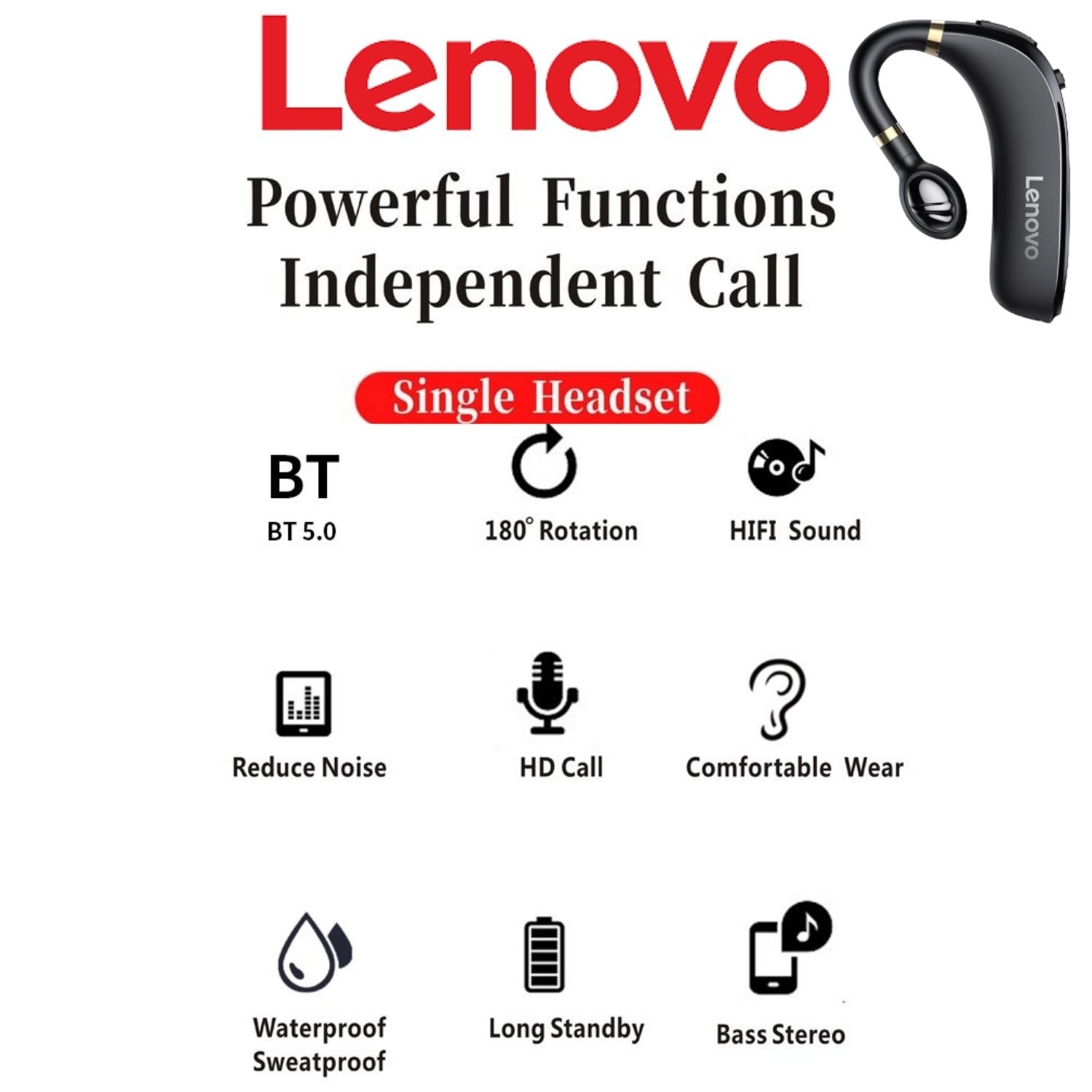 Bluetooth Headphones – Wireless 5.0/Wireless – Single Earphones – Lenovo HX106
